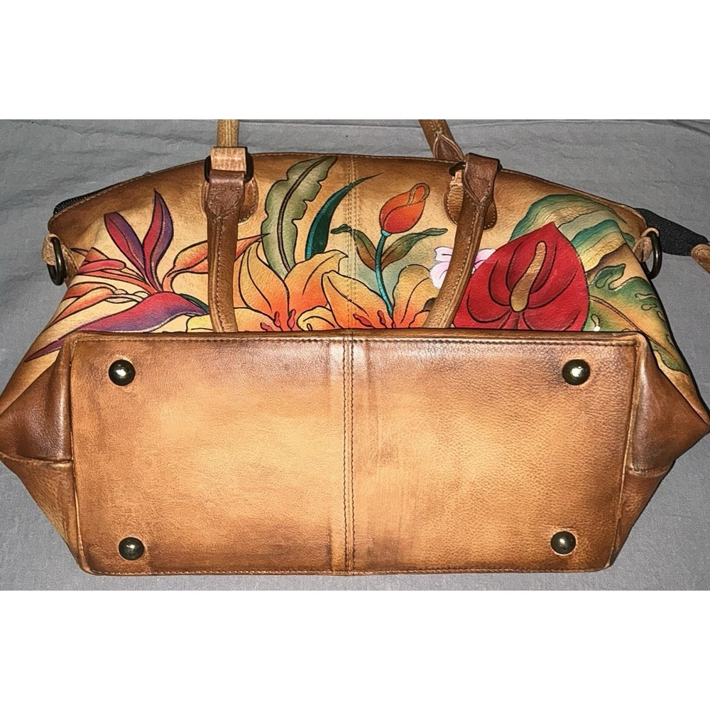 Anuschka Hand Painted Leather Satchel Bag Floral Art Purse Boho Hippie read - Picture 3 of 9